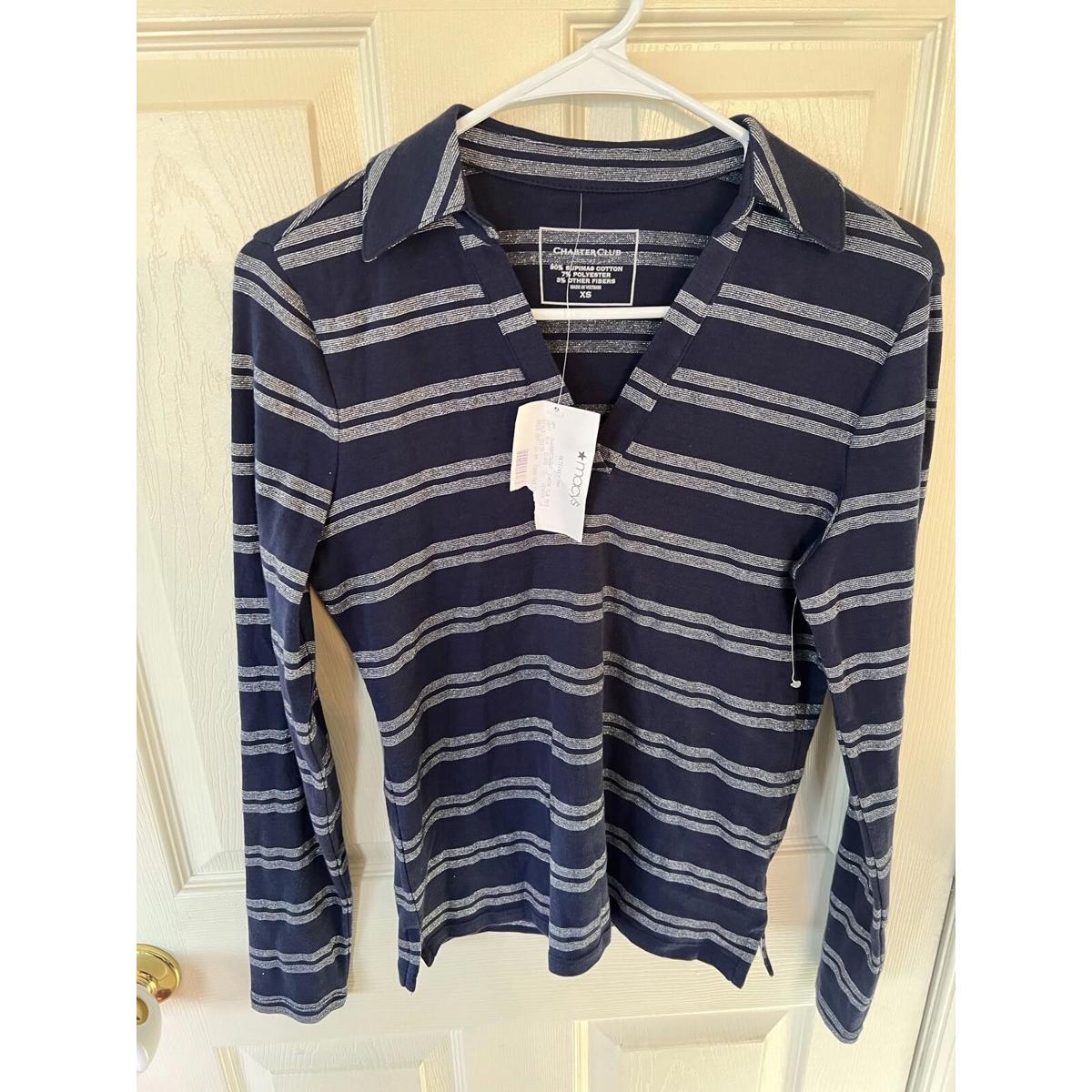 Nwt Womens Charter Club Navy&Silver Thread Striped Collared Long Sleeve Xs Shirt